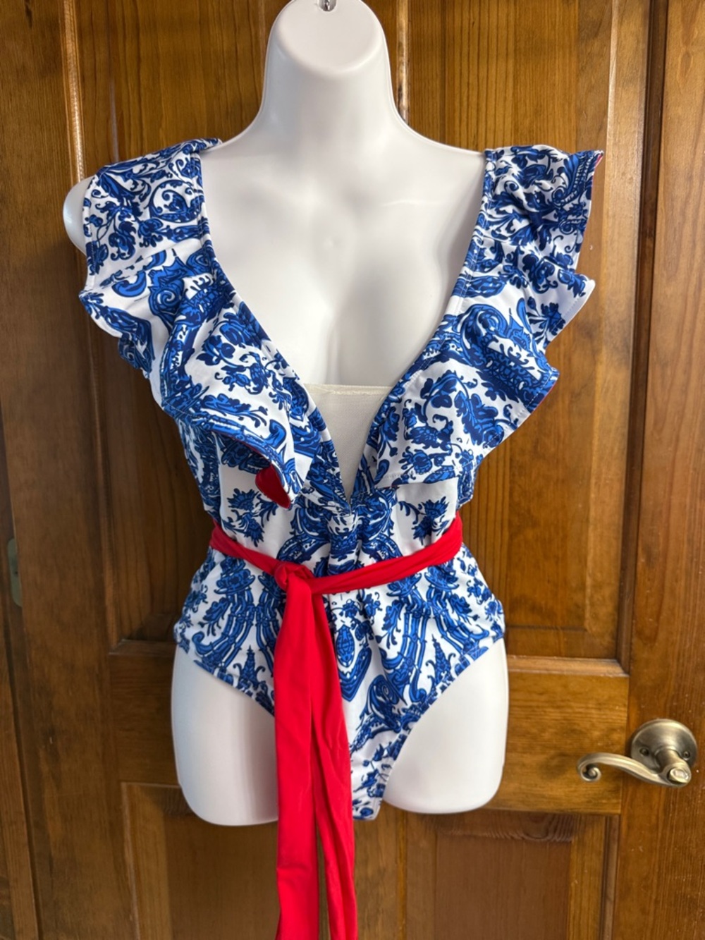 Blue & Red Ruffle One-Piece Swimsuit - Picture 2 of 6